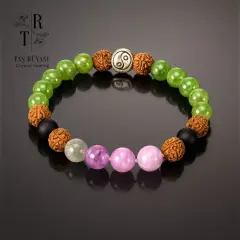 Zen Denge Bilekliği'' – (Yeşim, Mat Obsidyen, Rudraksha ve Ametist)