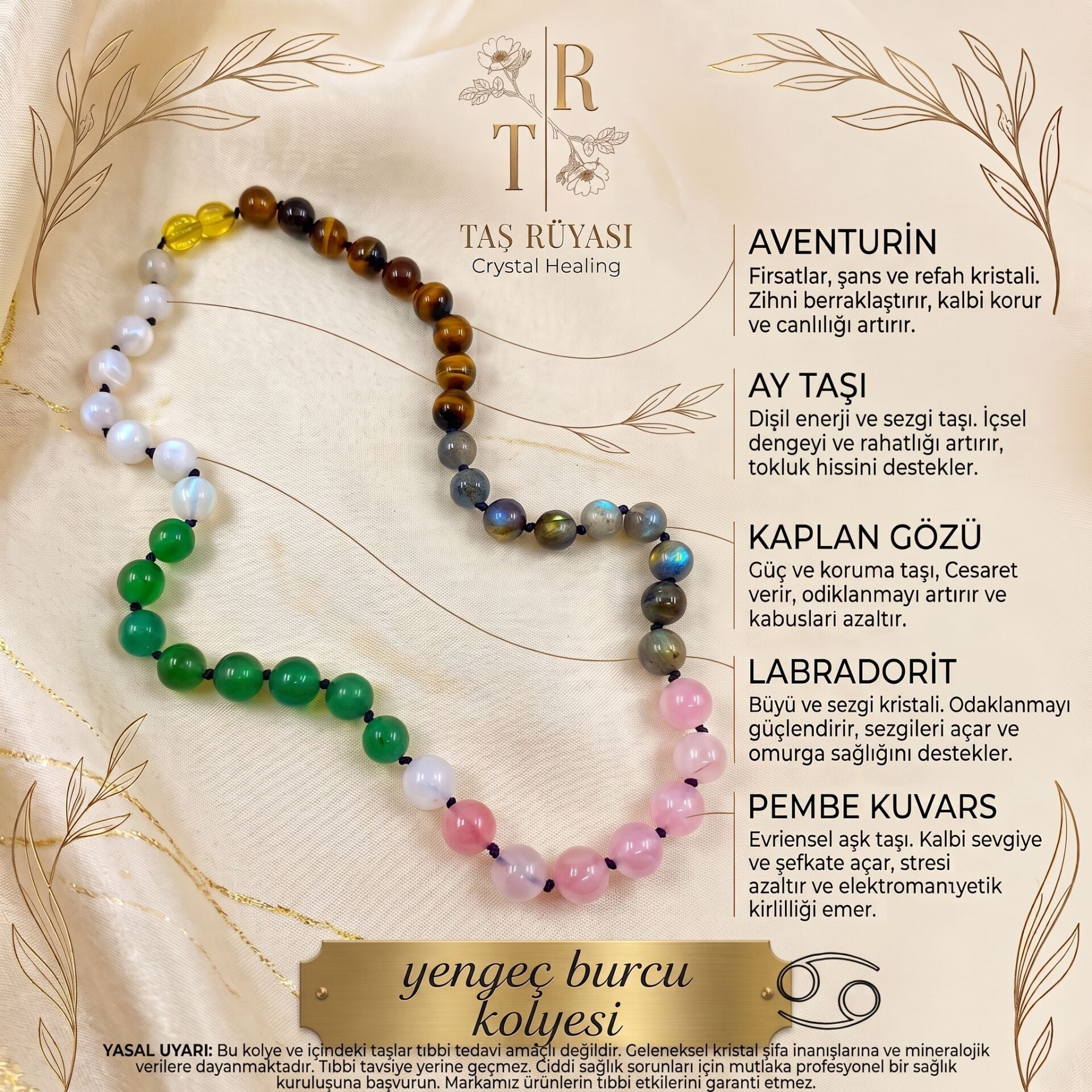 Yengeç Burcu Doğaltaş Kolyesi - 6mm Aventurin, Aytaşı, Kaplangözü, Labradorit, Pembe Kuvars