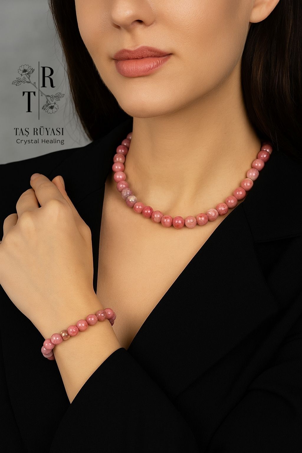Rodokrozit Kolye Bileklik Set 8 mm Doğal Taş