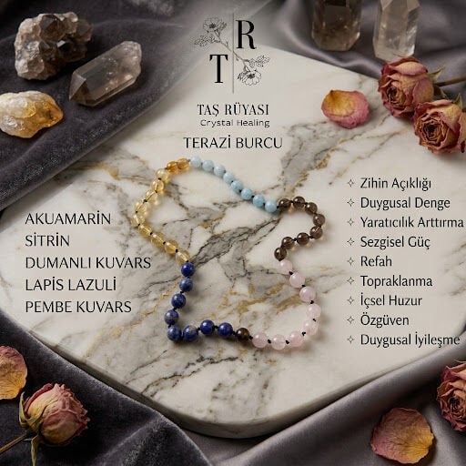 6 mm Terazi Burcu Doğal Taş Kolye | Akuamarin, Sitrin, Lapis Lazuli, Pembe Kuvars, Dumanlı Kuvars