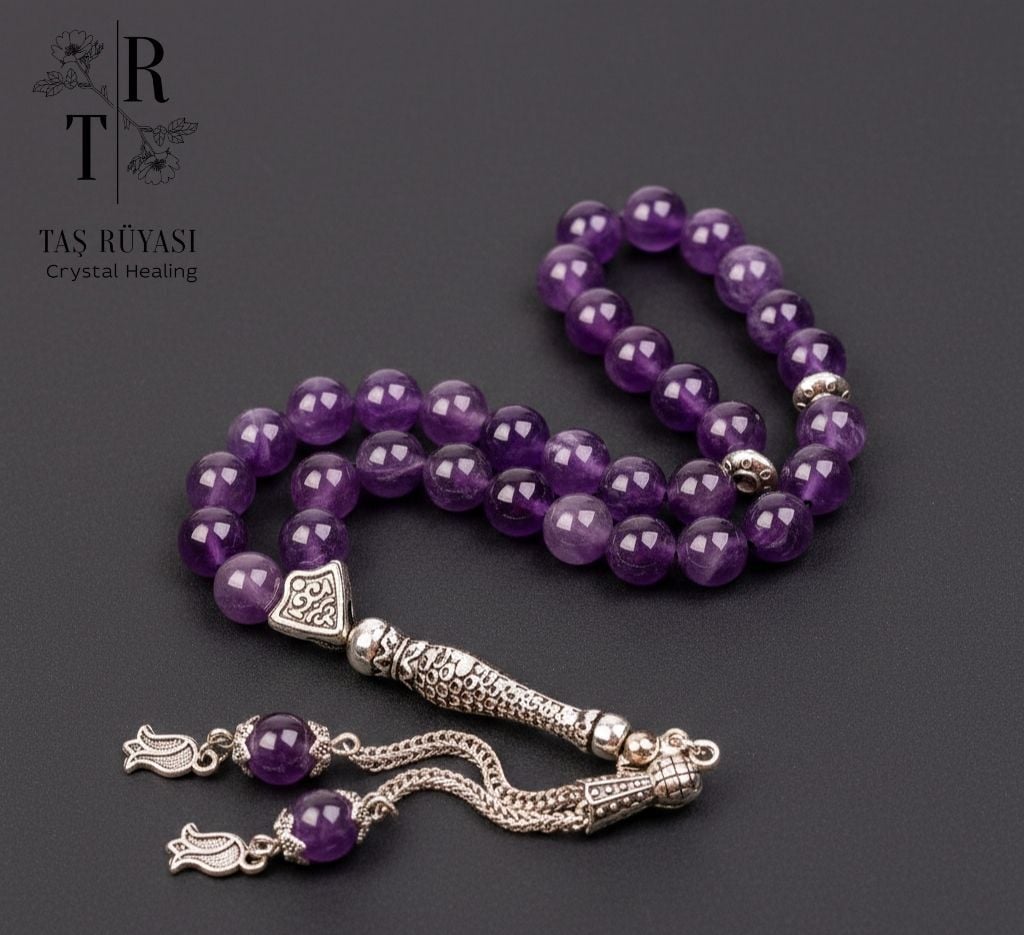 33’lük Ametist Tesbih | Doğal Taş Cep Tesbihi & Huzur Enerjisi