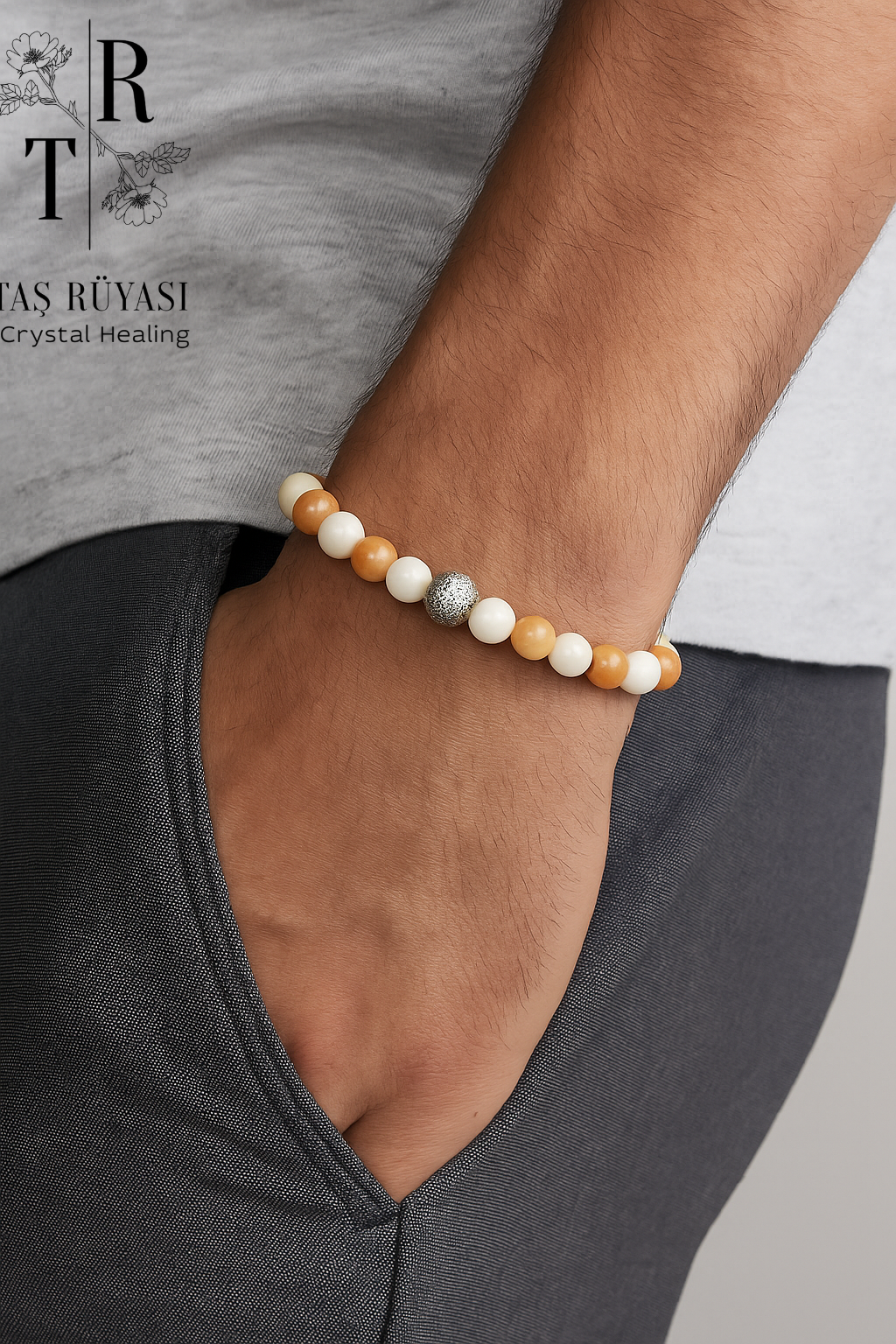 Güneş Taşı & Aytaşı 8 mm Doğaltaş Bileklik – Dişil & Eril Enerji Dengesi