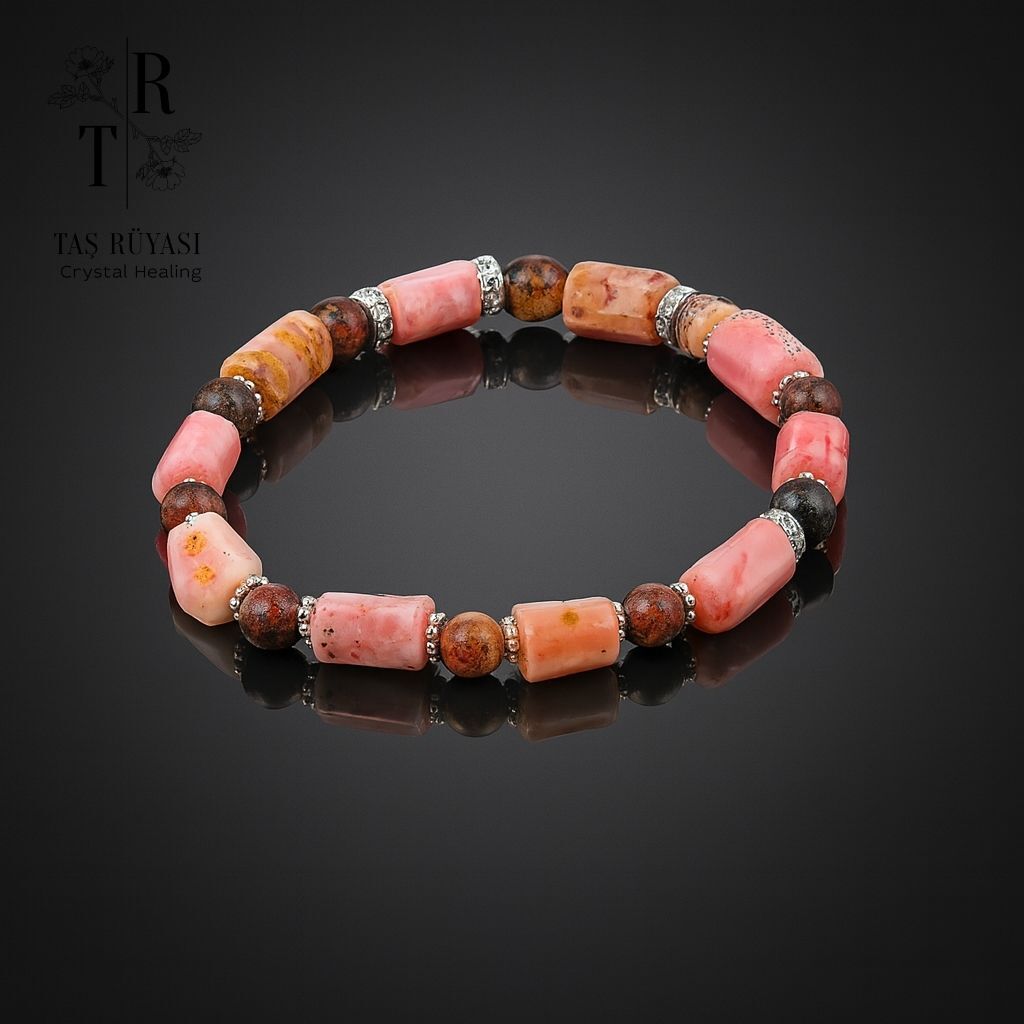 Pembe Opal Ham Form & 6 mm Rodonit Küre Kesim Doğaltaş Bileklik – Kalp Şifası & Duygusal Denge