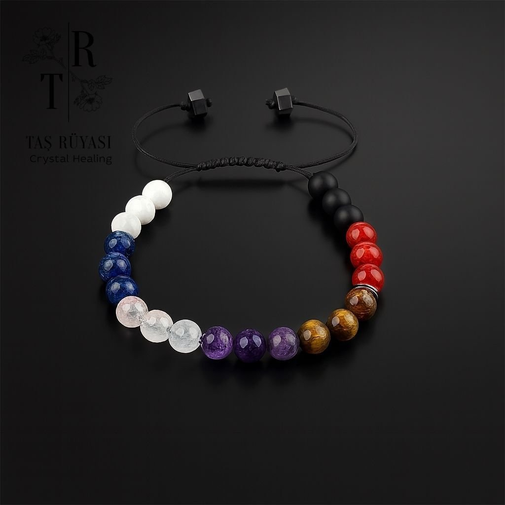7 Taşlı Doğaltaş Örme Bileklik 8 mm – Ametist, Pembe Kuvars, Lapis, Aytaşı, Kaplangözü, Akik, Obsidyen