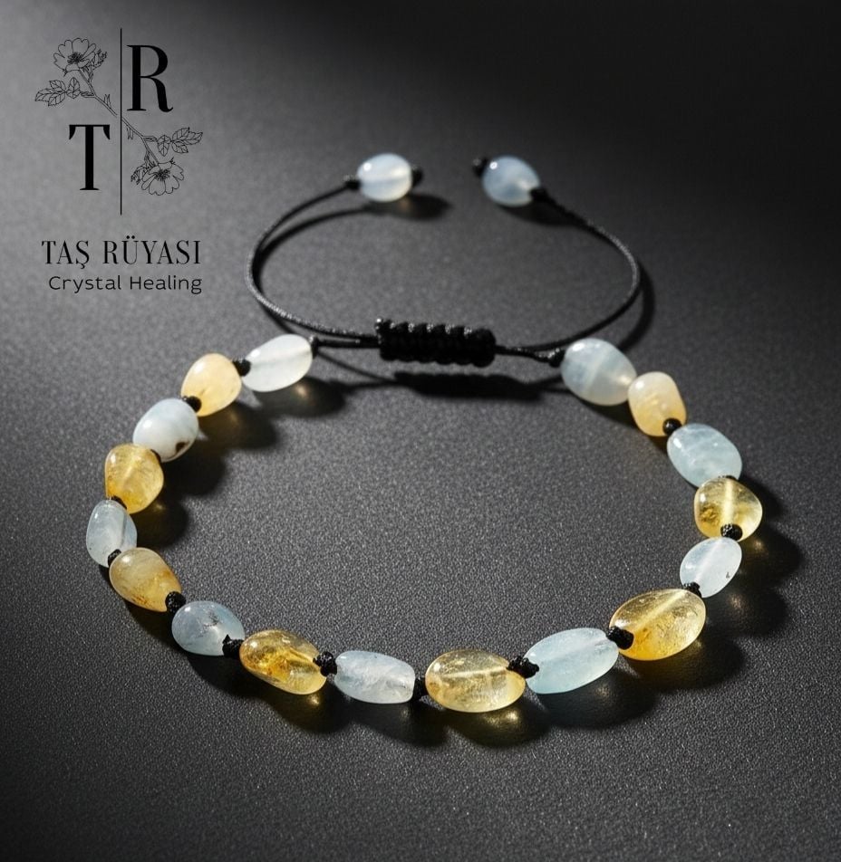 Akuamarin Sitrin Amorf Örme Doğaltaş Bileklik – İletişim ve Bolluk Enerjisi