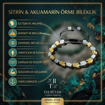Akuamarin Sitrin Amorf Örme Doğaltaş Bileklik – İletişim ve Bolluk Enerjisi