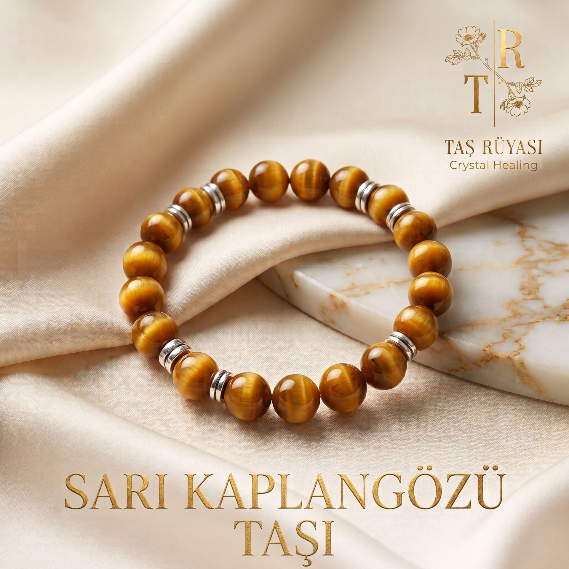 Orijinal Sarı Kaplangözü Doğaltaş Bileklik 8 mm | Güç ve Cesaret Taşı
