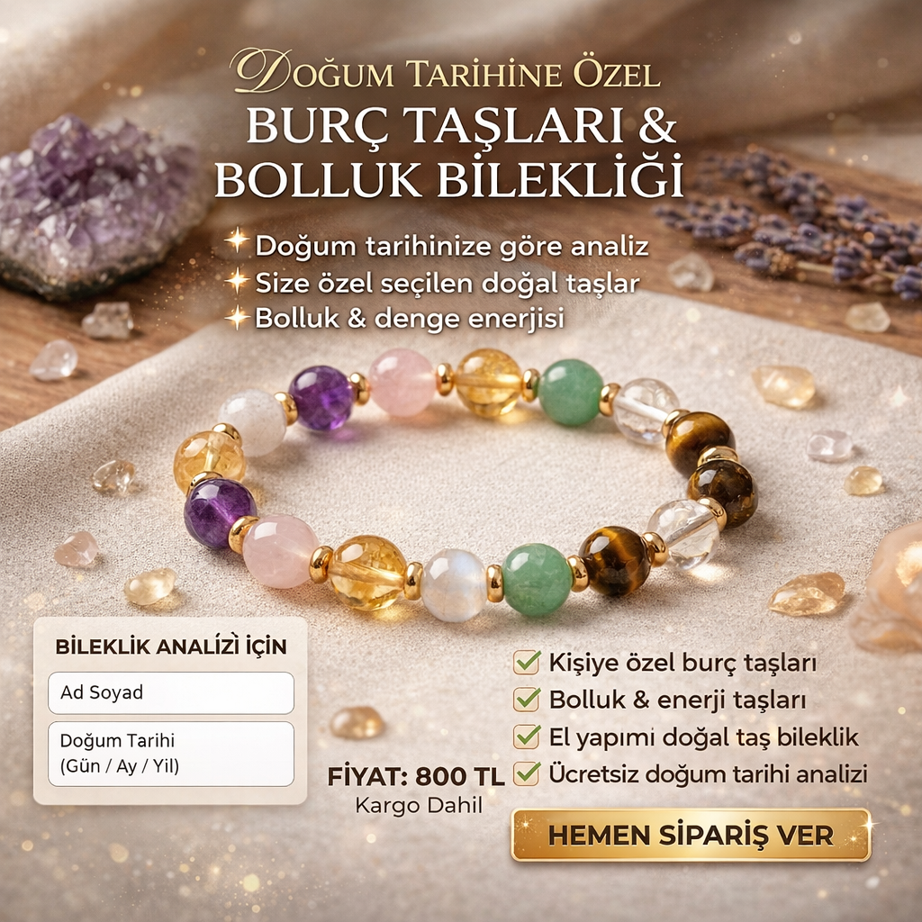 Doğum Tarihine Göre Özel Burç Taşları & Bolluk Bilekliği – 8 mm Doğaltaş Bileklik (Kişiye Özel Analiz)