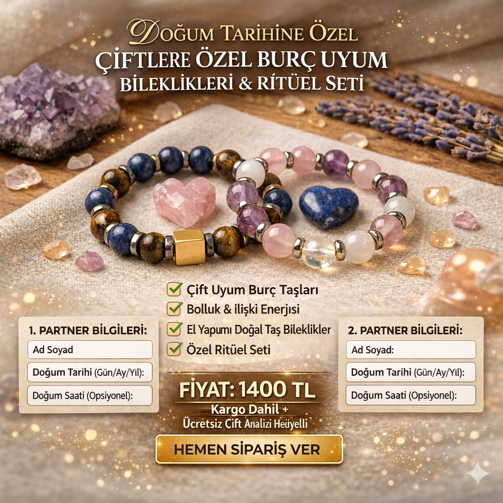 Doğum Tarihine Göre Kişiye Özel Çift Bileklik – Burç Uyum Taşları, İlişki Enerjisi & Bolluk Ritüel Seti