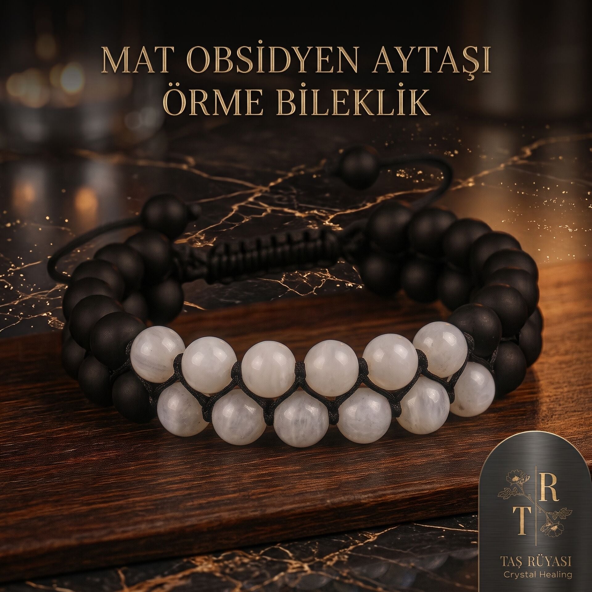 Mat Obsidyen ve Aytaşı Örme Bileklik (8 mm)