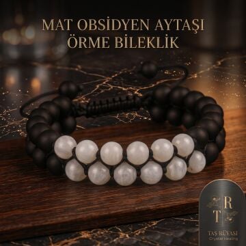 Mat Obsidyen ve Aytaşı Örme Bileklik (8 mm)