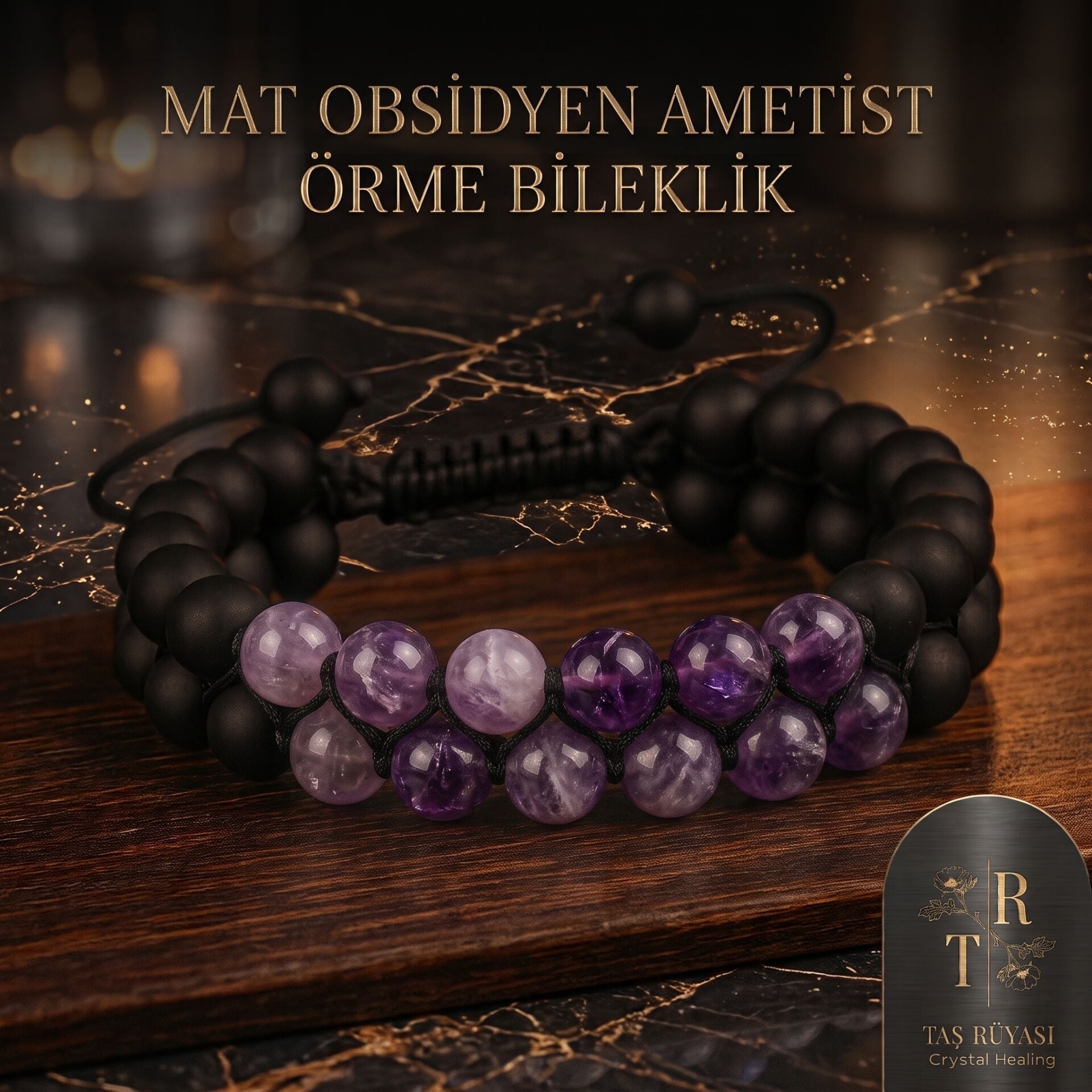 Mat Obsidyen ve Ametist Örme Bileklik (8 mm)