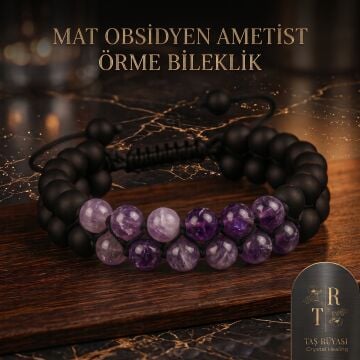 Mat Obsidyen ve Ametist Örme Bileklik (8 mm)