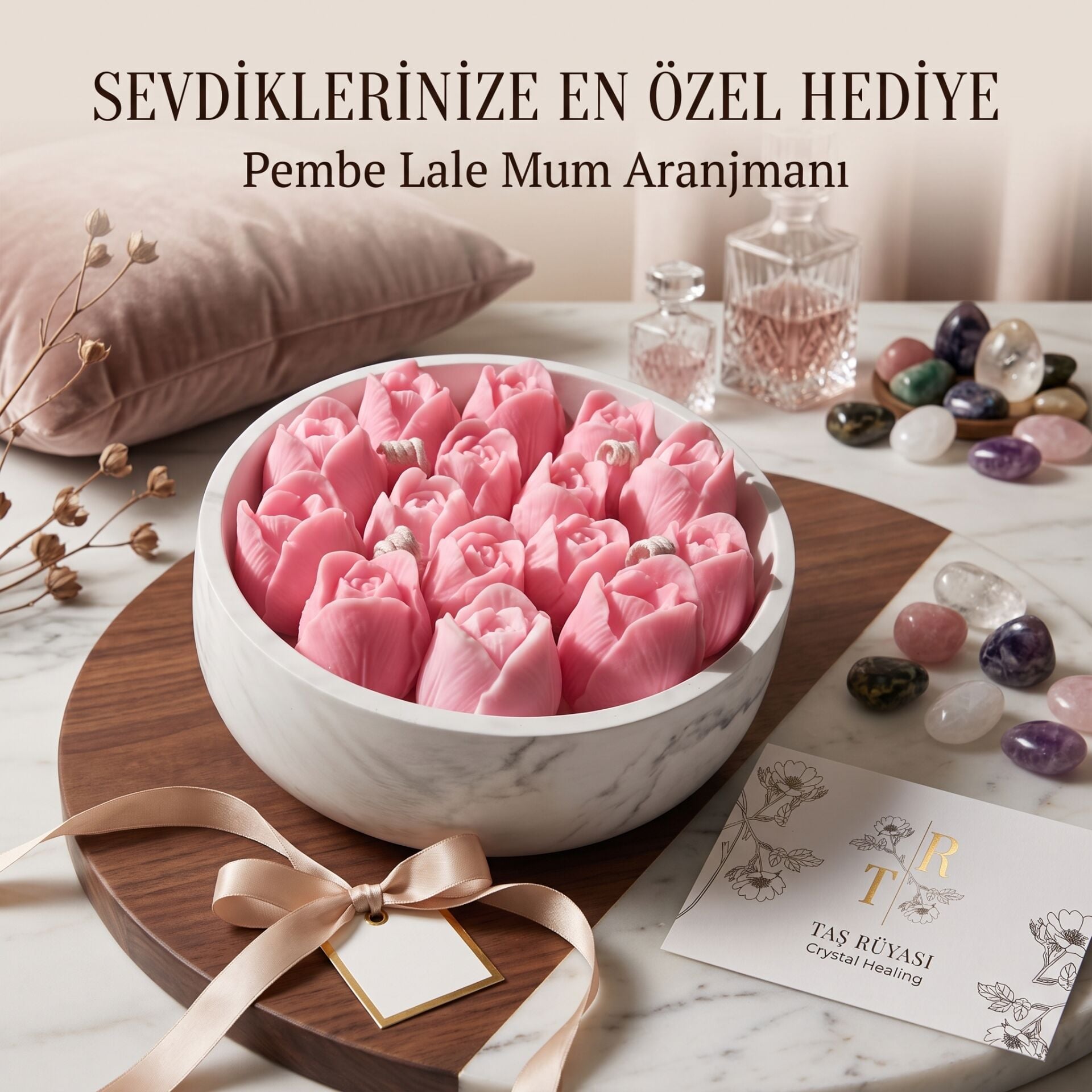 Pembe Lale Mum Aranjmanı