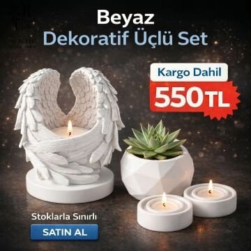 Beyaz Dekoratif Üçlü Hediye Seti | Mumluk Sukulent Saksı Dekor Set