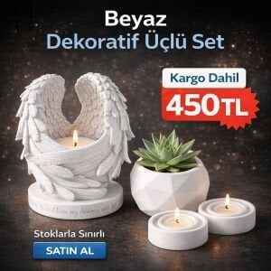 Beyaz Dekoratif Üçlü Hediye Seti | Mumluk Sukulent Saksı Dekor Set
