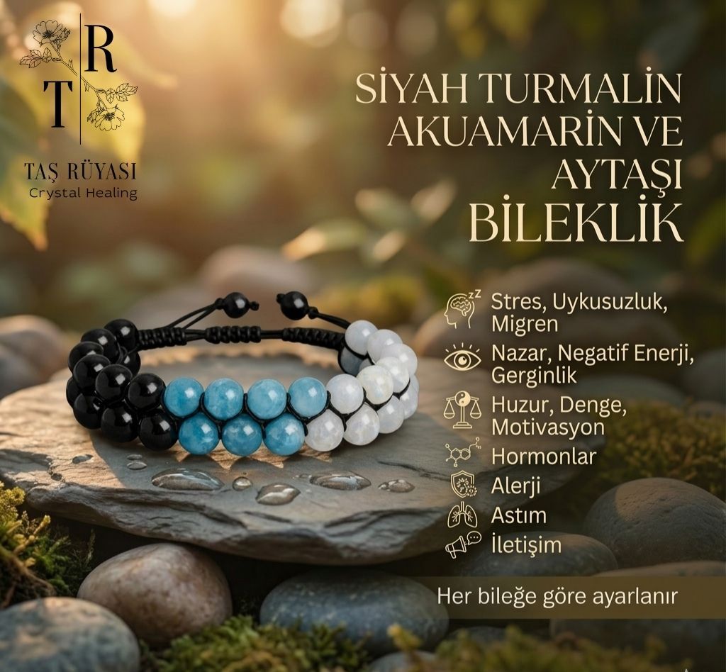 Siyah Turmalin Aytaşı Akuamarin Çift Sıra Örme Bileklik | Koruyucu Enerji Doğal Taş Bileklik
