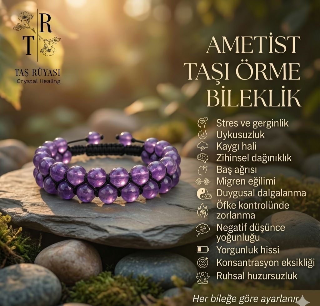 Ametist 8 mm Çift Sıra Örme Bileklik | Doğal Taş Huzur ve Enerji Bilekliği