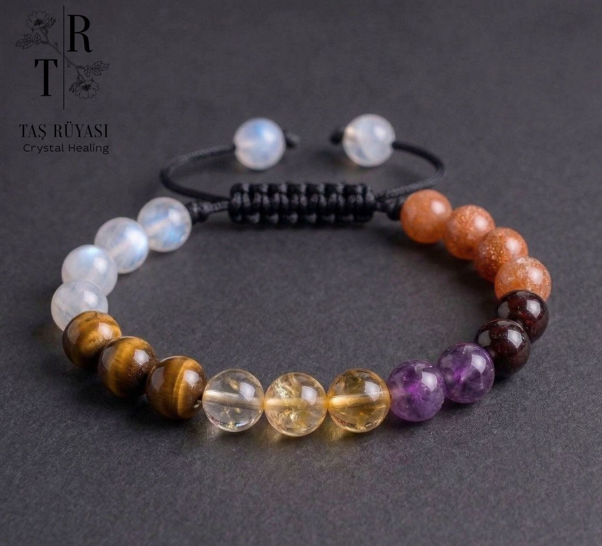 Aytaşı Kaplangözü Sitrin Garnet Ametist Güneştaşı Örme Bileklik | Enerji ve Bolluk Doğal Taş Bileklik