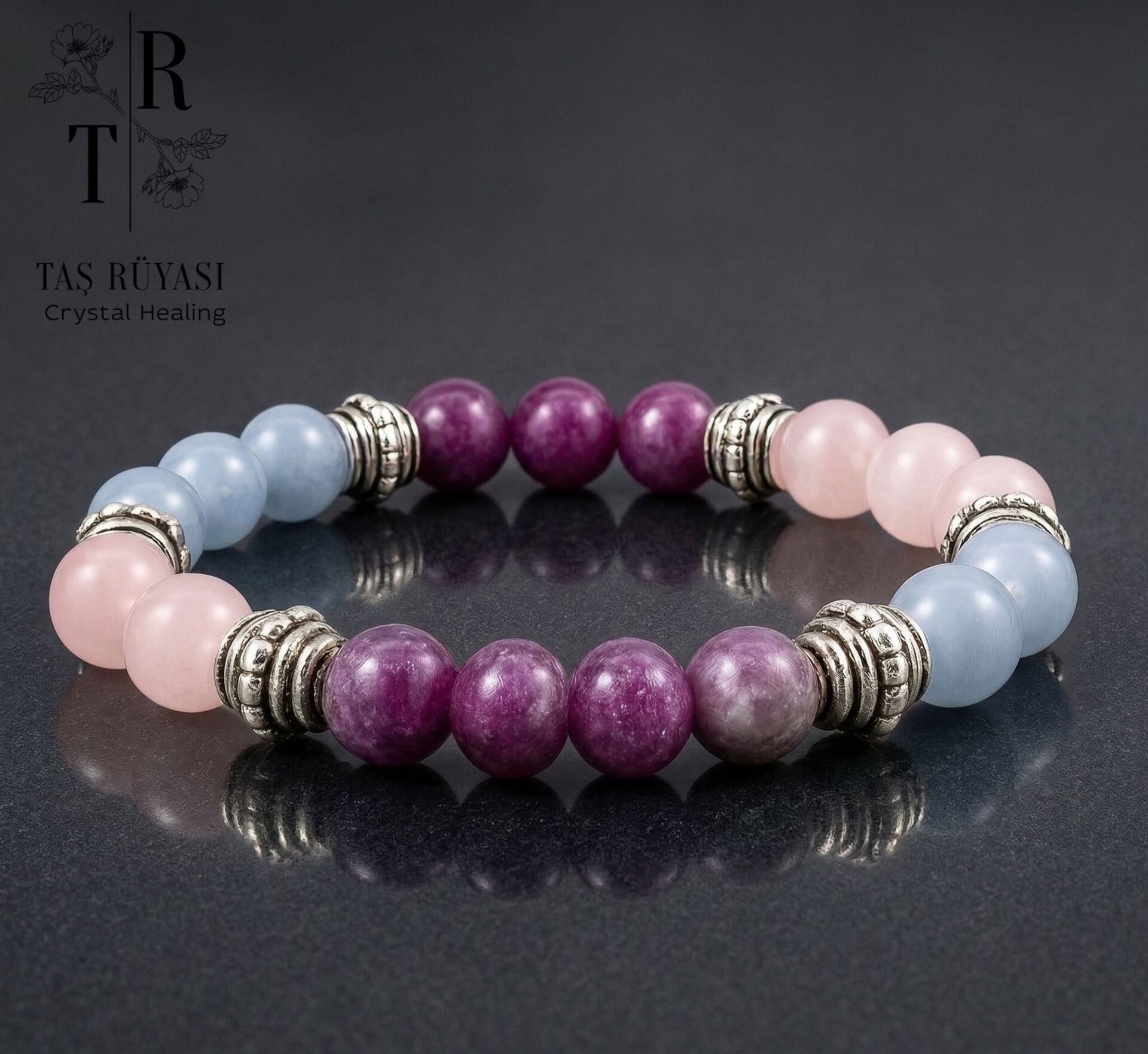 Lepidolit Anjelit Pembe Kuvars 8 mm Doğal Taş Bileklik | Sevgi, Huzur ve Duygusal Denge Temalı Bileklik