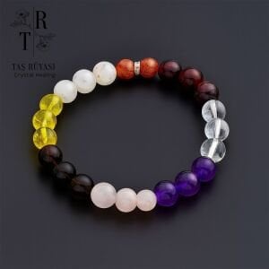 Güneş Taşı, Aytaşı, Sitrin, Dumanlı Kuvars, Pembe Kuvars, Ametist, Kristal Kuvars, Garnet 8 mm Doğal Taş Bileklik