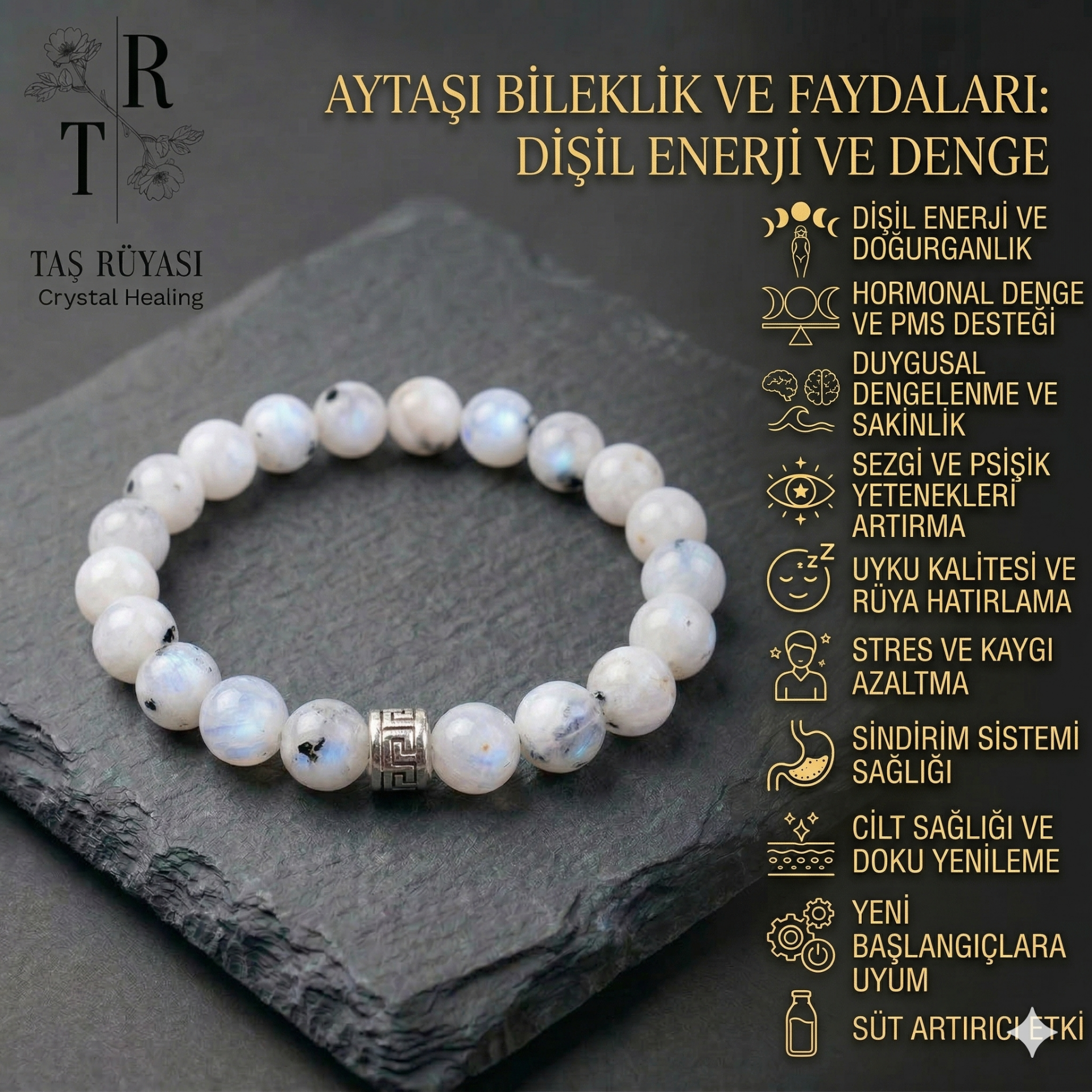 Aytaşı 8 mm Doğal Taş Bileklik | Sezgi, Denge ve Dişil Enerji Bilekliği