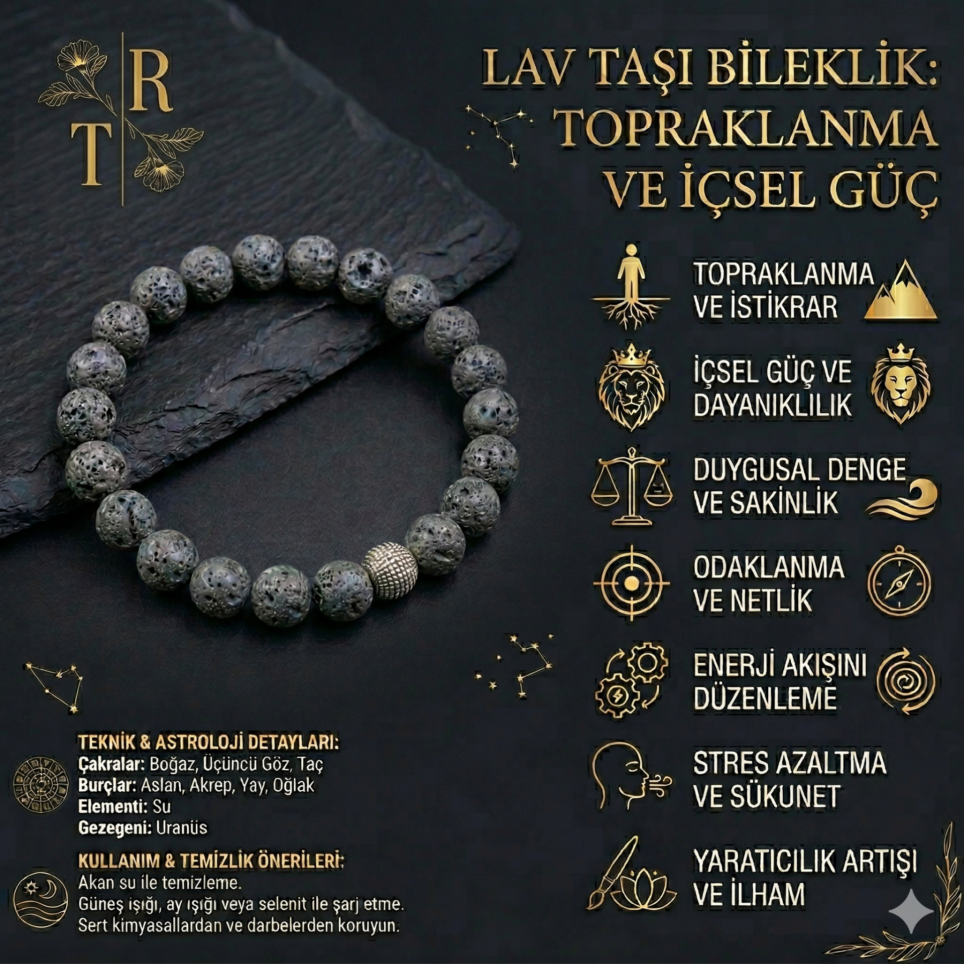 Lav Taşı 8 mm Doğal Taş Bileklik | Topraklanma, Güç ve Enerji Denge Bilekliği