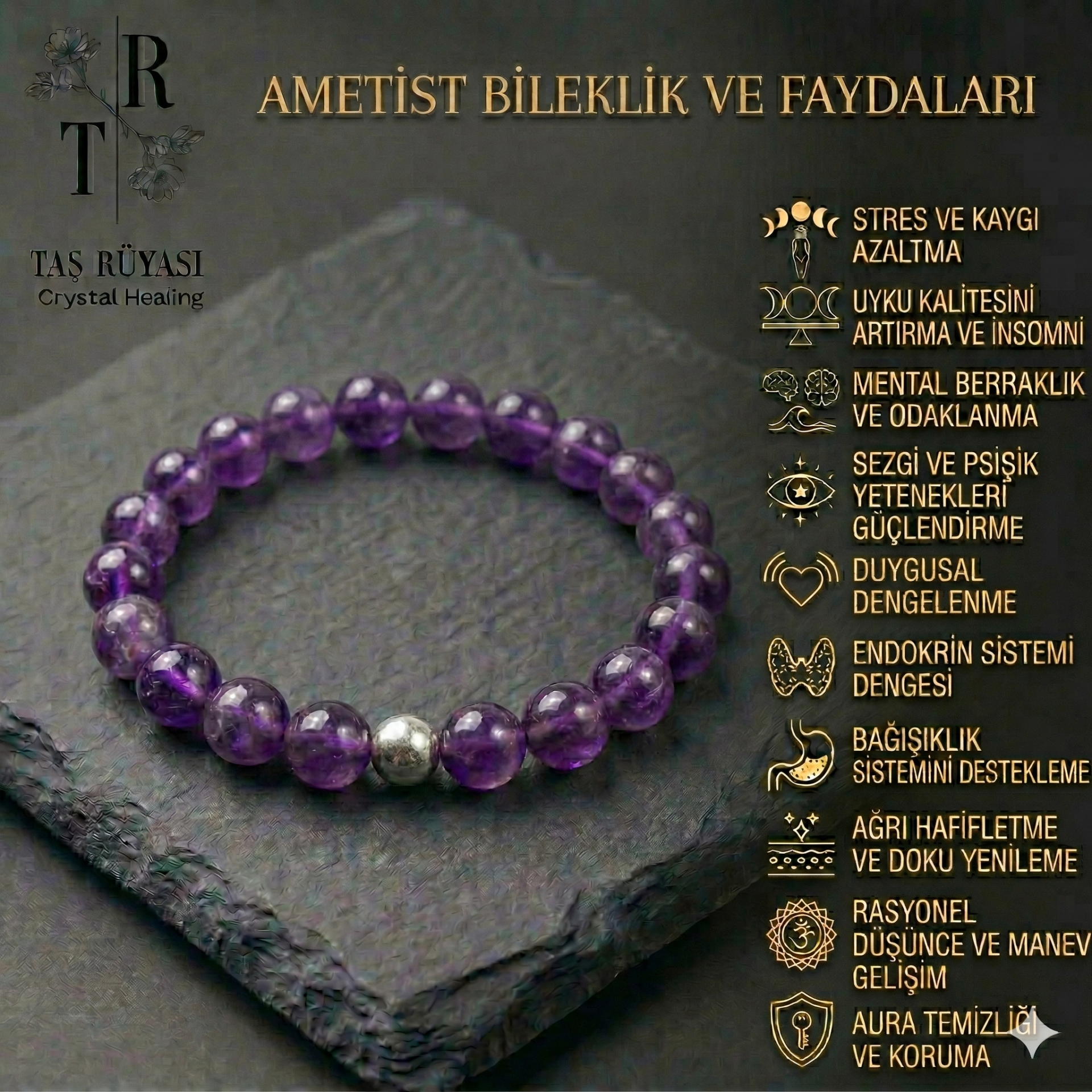 Ametist 8 mm Doğal Taş Bileklik | Huzur, Denge ve Enerji Temizleme Bilekliği