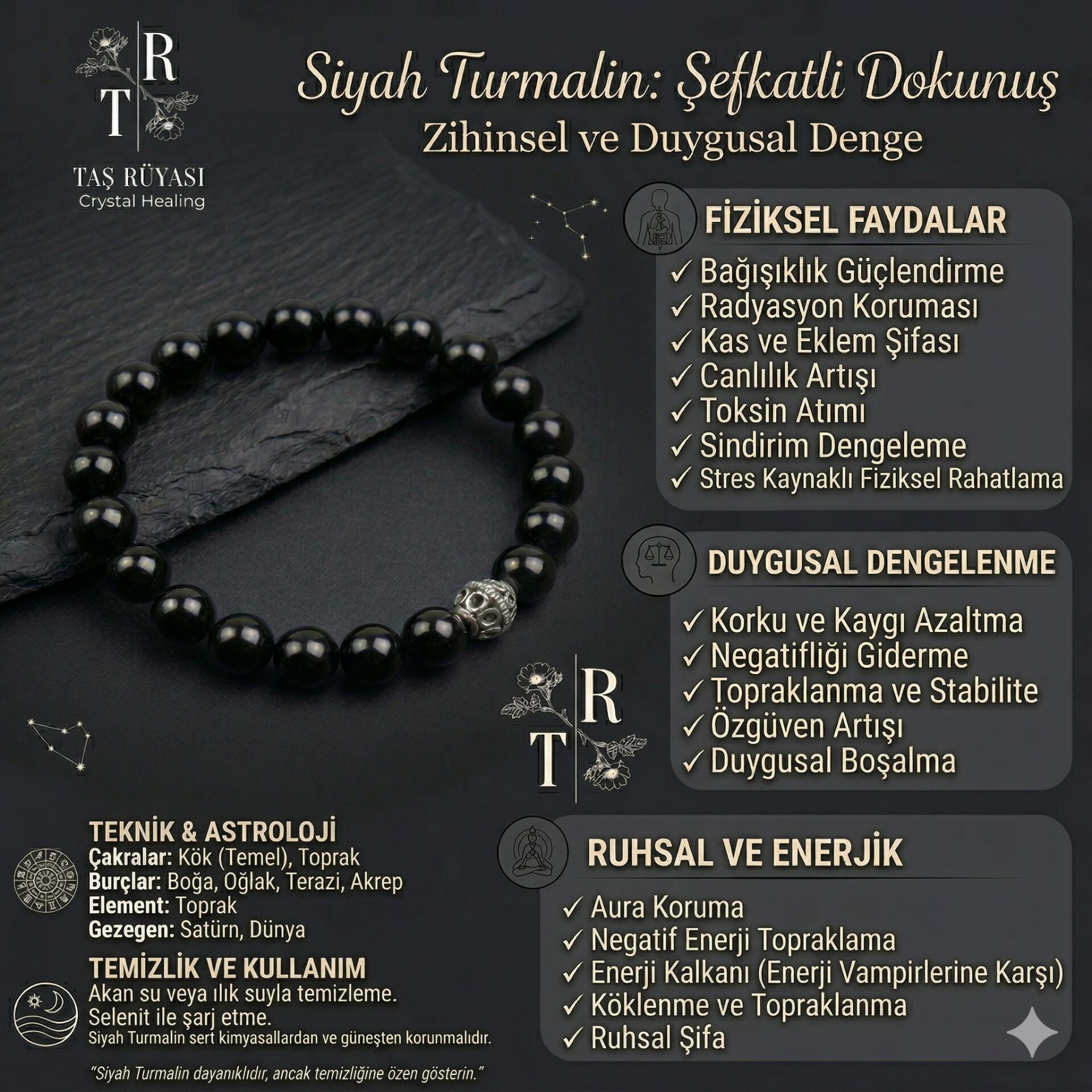 Siyah Turmalin 8 mm Doğal Taş Bileklik | Koruma ve Negatif Enerji Temizleme