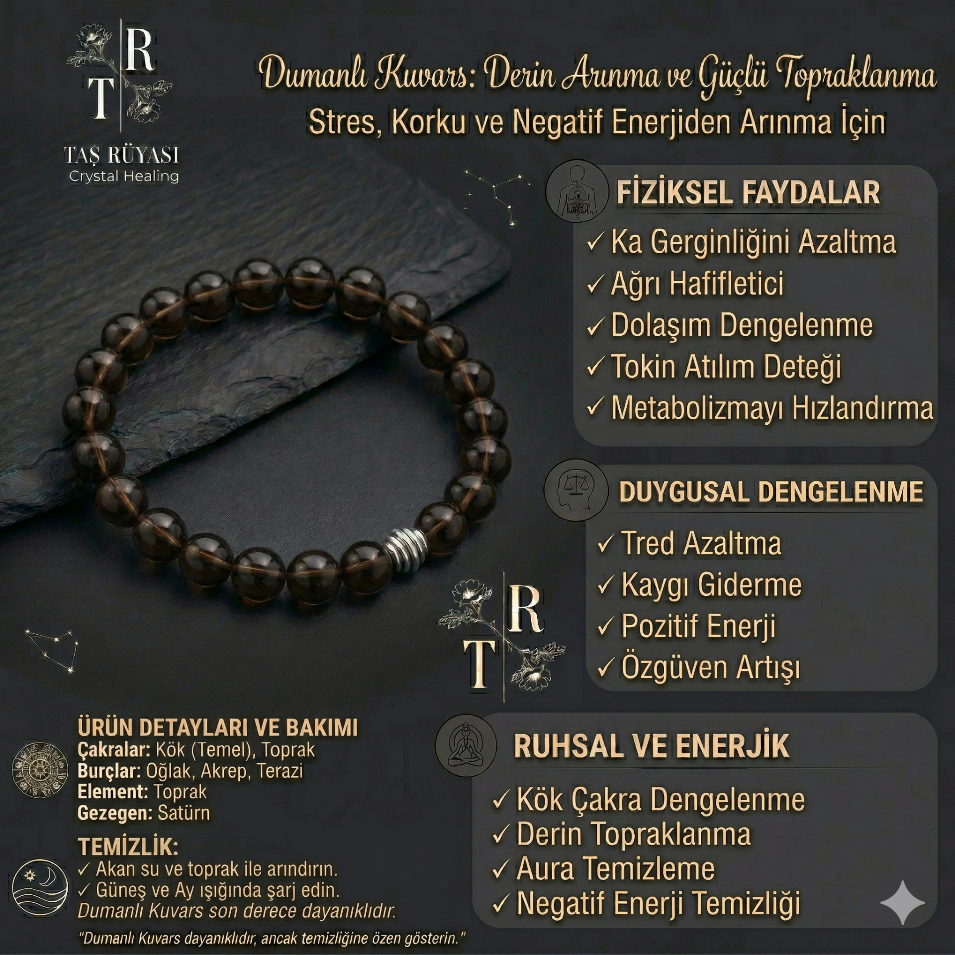 Dumanlı Kuvars 8 mm Doğal Taş Bileklik | Koruma ve Topraklanma Enerjisi