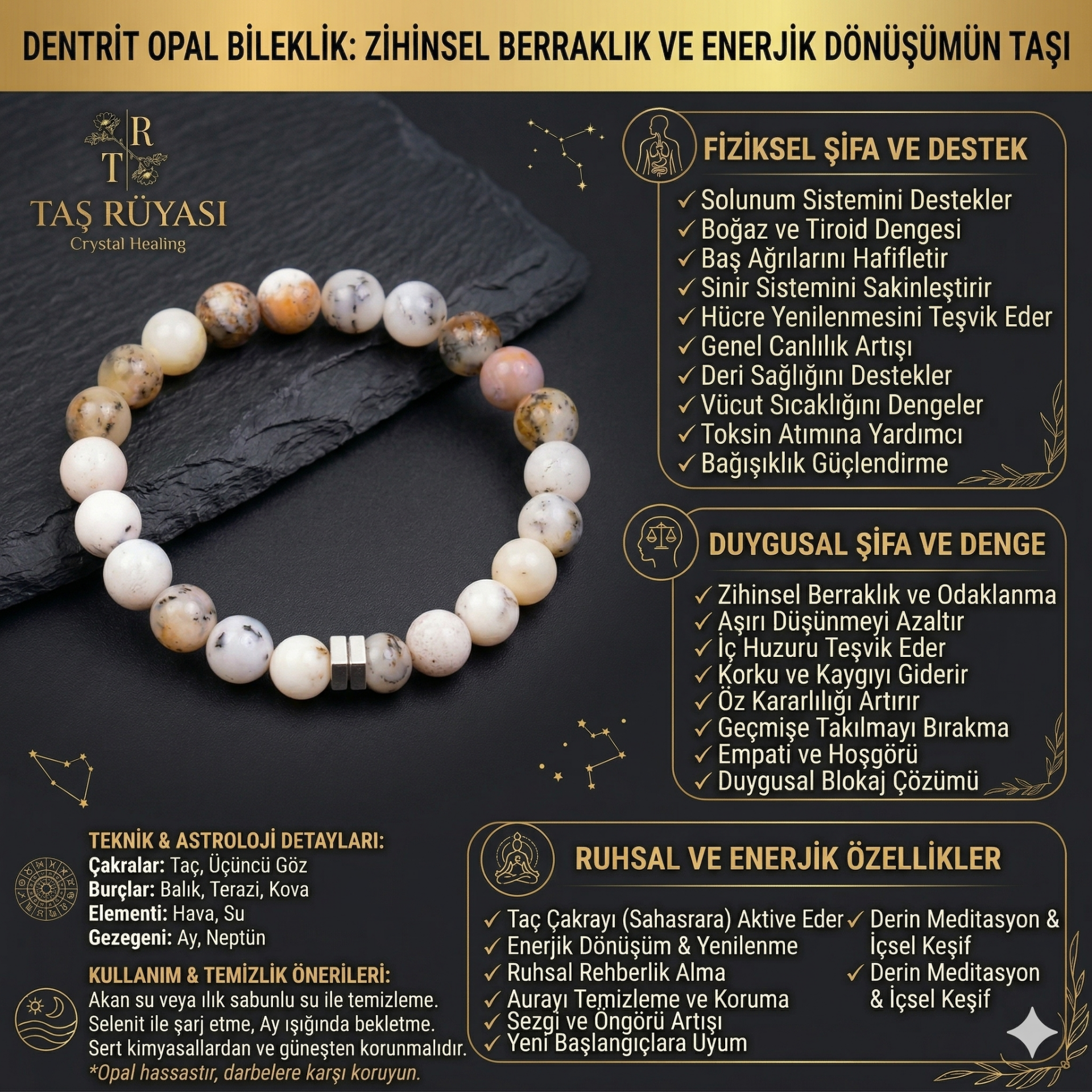 Dentrit Opal Bileklik 8 mm Doğal Taş Bileklik | Sakinlik ve Denge Enerjisi